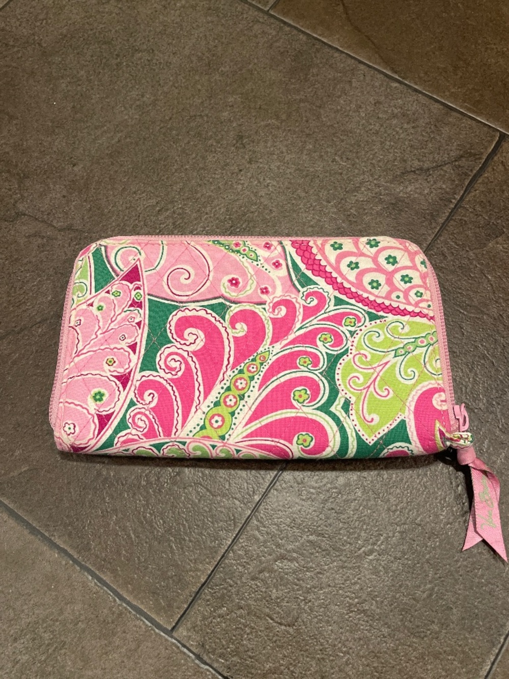 Vera Bradley Oink and Green Paisley Print Quilted Zip Around Wallet